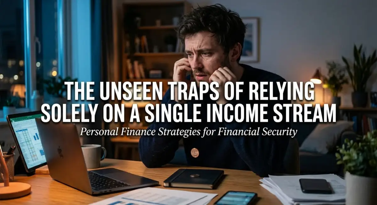 A stressed professional realizing the unseen traps of relying solely on a single income stream to pay for daily living expenses.