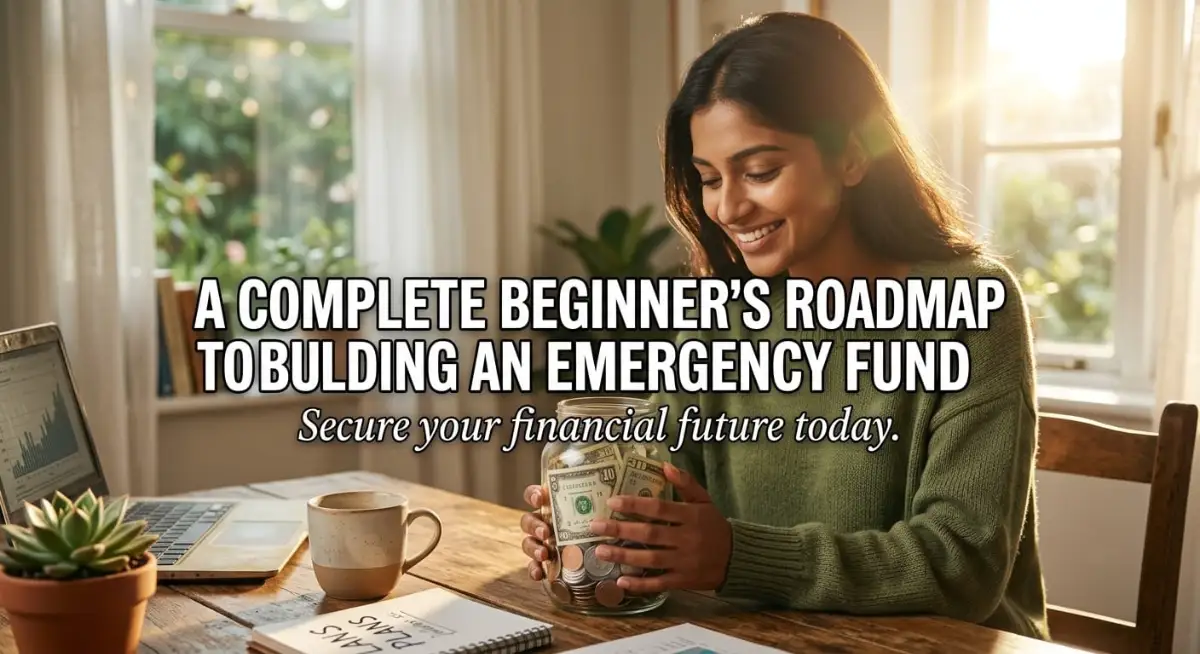 A happy individual sitting at a wooden desk holding a savings jar, illustrating a complete beginner's roadmap to building an emergency fund from scratch.