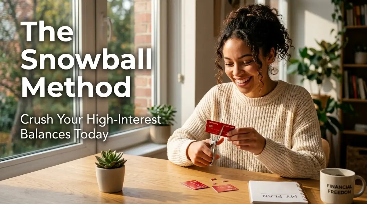 A relieved person sitting at a sunny desk cutting a credit card with scissors, demonstrating the snowball method for paying off high interest credit card balances effectively.