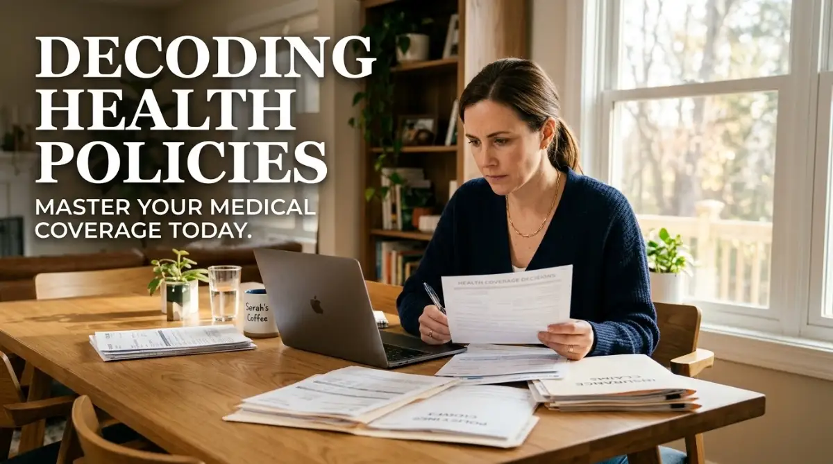 A determined person sitting at a desk reviewing complex health coverage policy documents to understand their medical benefits and avoid hidden costs.